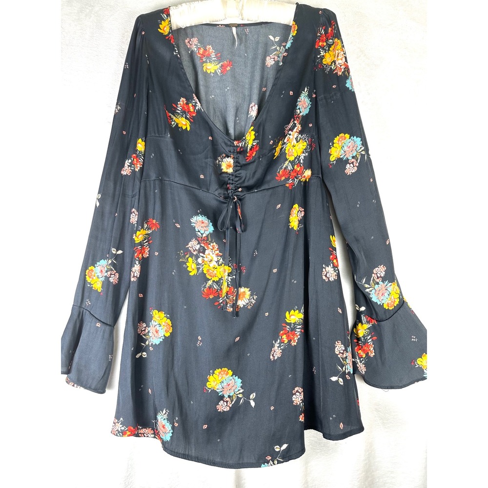 Free People Floral Mini Dress S Black Boho Romantic Whimsigoth Witchy Festival - Picture 3 of 11
